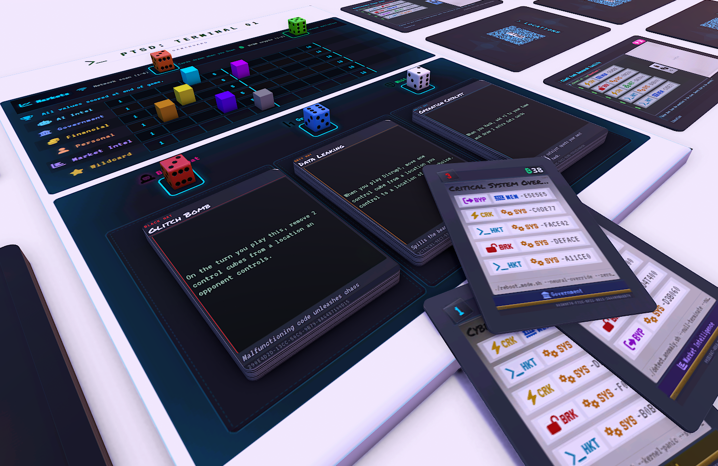 Overhead view of PTSD: Terminal 01 on the table — game board with location columns, data and location cards, dice, and colored control cubes.